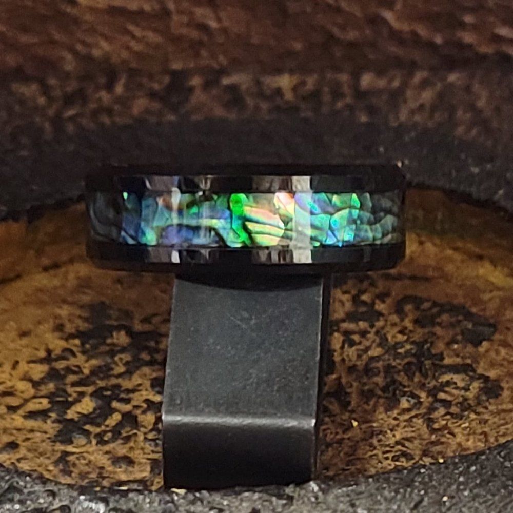 Men's Real Black Tungsten Wedding Ring With Abalone Shell Inlay - Picture 5 of 11